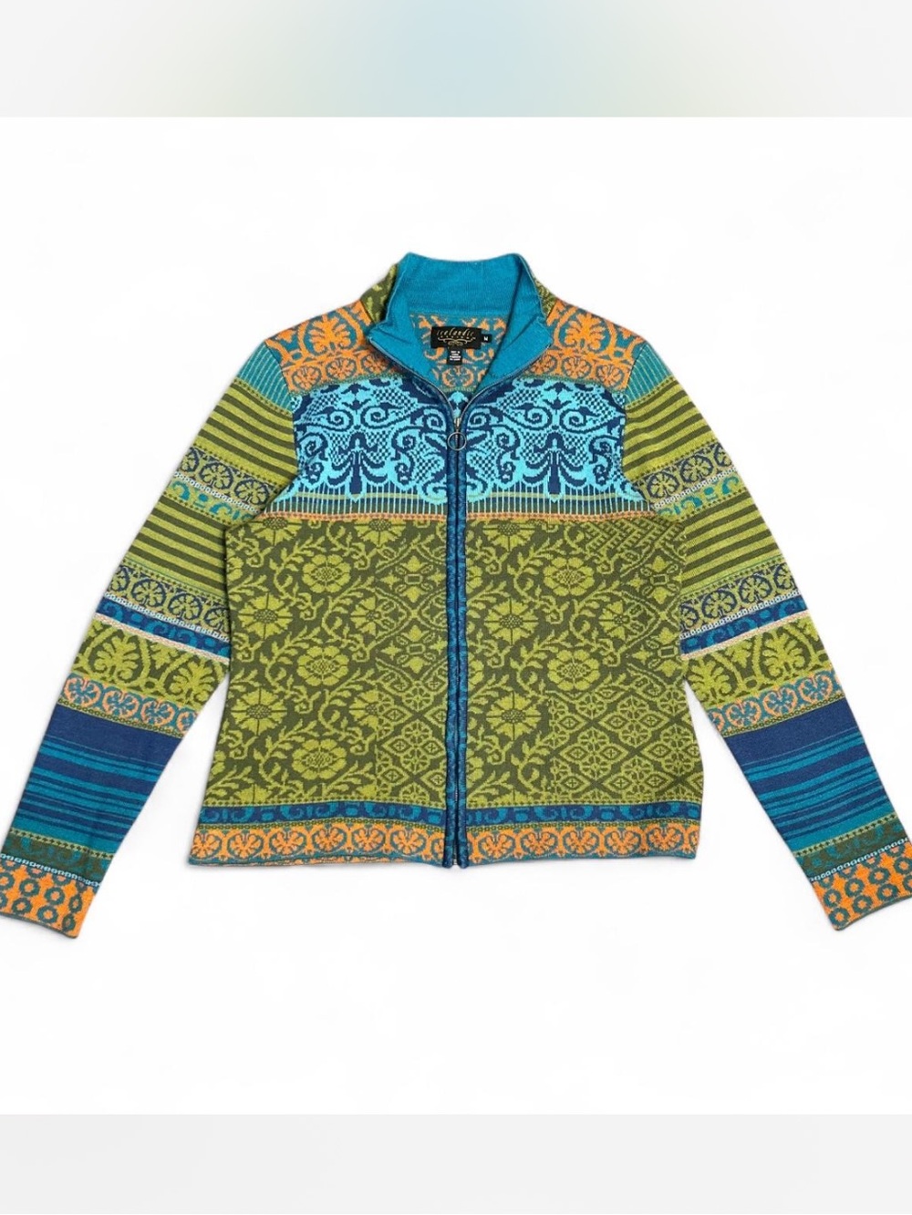 Colorful Wool Blend Patterned Zip-Up Knit Jacket - Icelandic Design